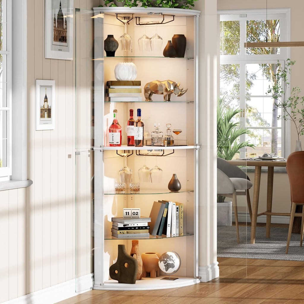 Loomie 70" Corner Bar Cabinet with LED Lights, 6-Tier Modern Wine Cabinet with Glass Door & Glass Holder, Tall Home Bar Liquor Cabinet with Adjustable Shelves for Dining Room, Living Room (White)