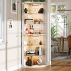 Loomie 70" Corner Bar Cabinet with LED Lights, 6-Tier Modern Wine Cabinet with Glass Door & Glass Holder, Tall Home Bar Liquor Cabinet with Adjustable Shelves for Dining Room, Living Room (White)