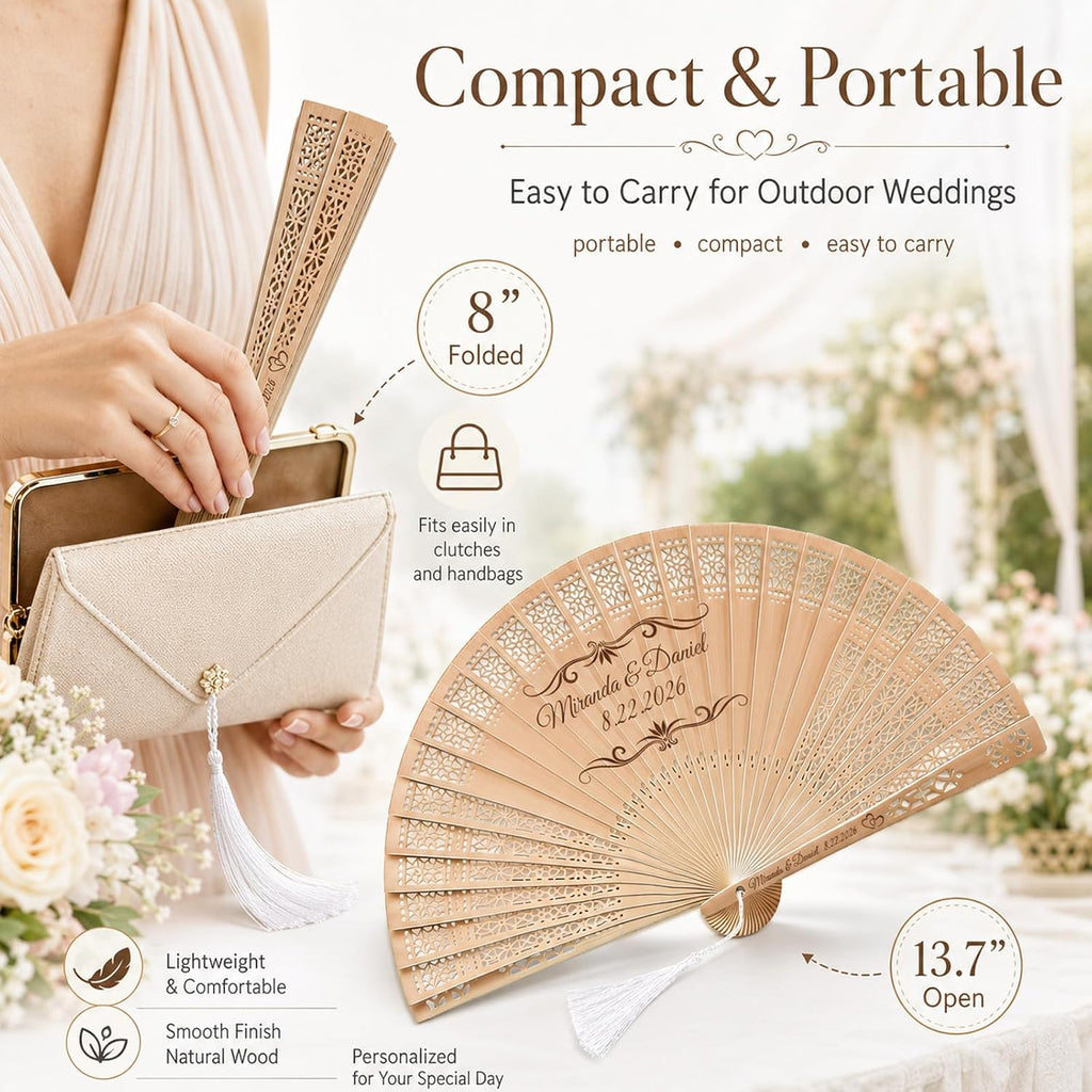 Personalized Wedding Fans for Guests, Custom Wooden Folding Hand Fans Bulk, Engraved Sandalwood Handheld Fans with Organza Bags & Tassels, Party, Bridal & Birthday Shower Favors (30PCS)