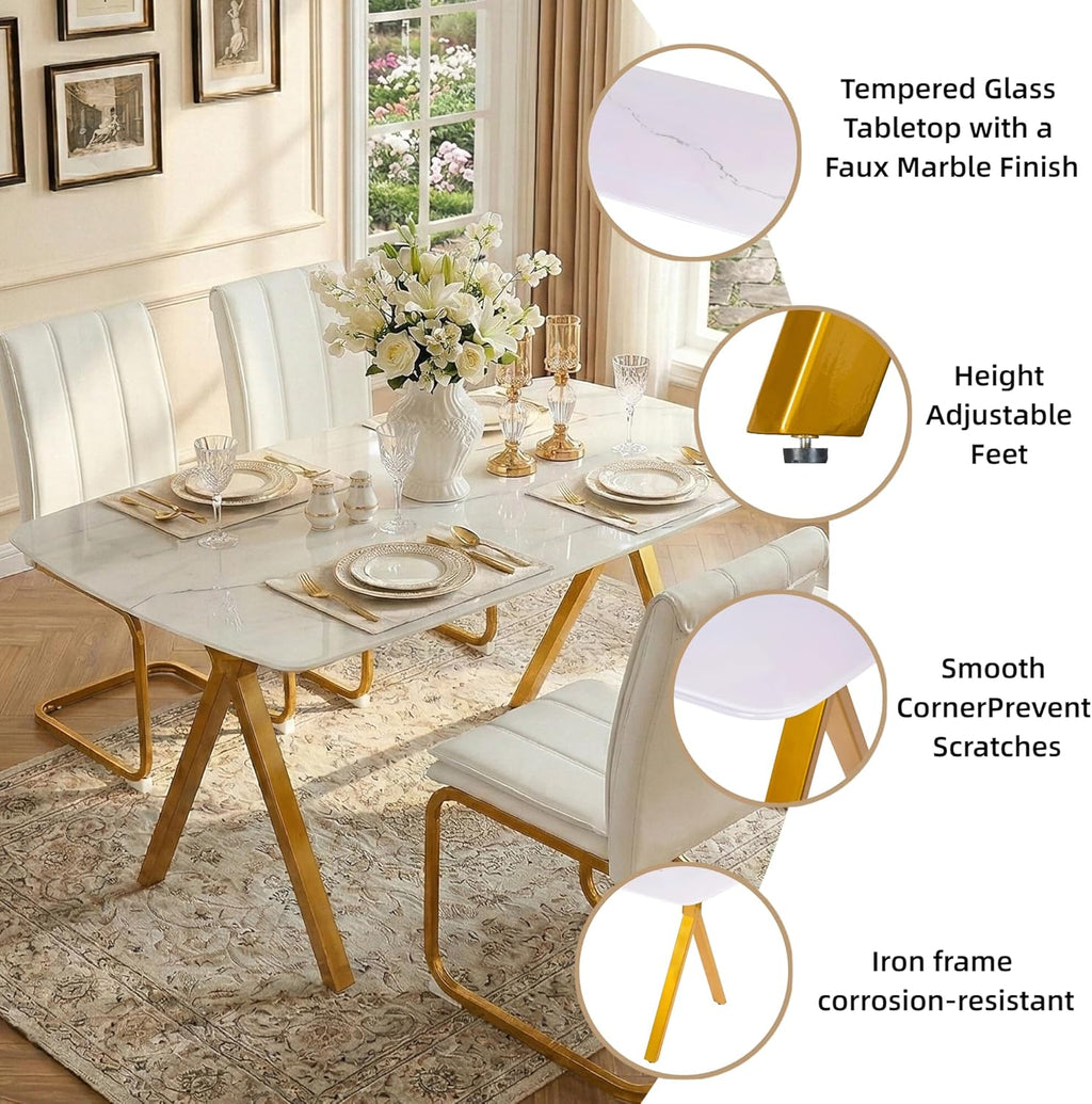 Modern Rectangular Tempered Glass Dining Table for 6, Marble Patterned Glass Top with Metal Legs, Glass Dining Table for Kitchen Living Room (White, Support Legs)