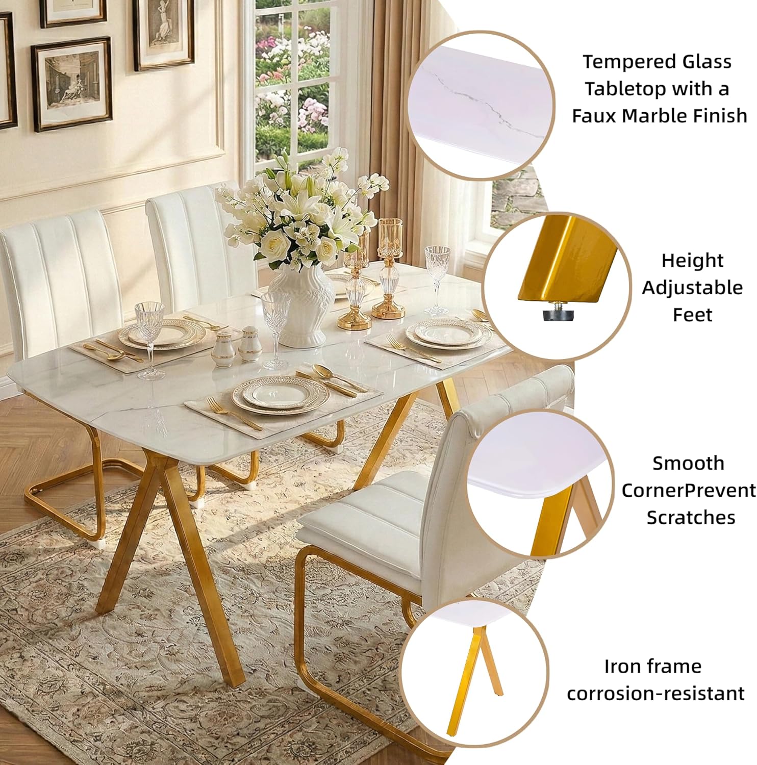 Modern Rectangular Tempered Glass Dining Table for 6, Marble Patterned Glass Top with Metal Legs, Glass Dining Table for Kitchen Living Room (White, Support Legs)