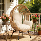 Outdoor Indoor Egg Chair, Wicker PE Rattan with Ergonomic Seat, 8-Inch Cotton Cushion, 400lbs Capacity Balcony Chairs(Natural)