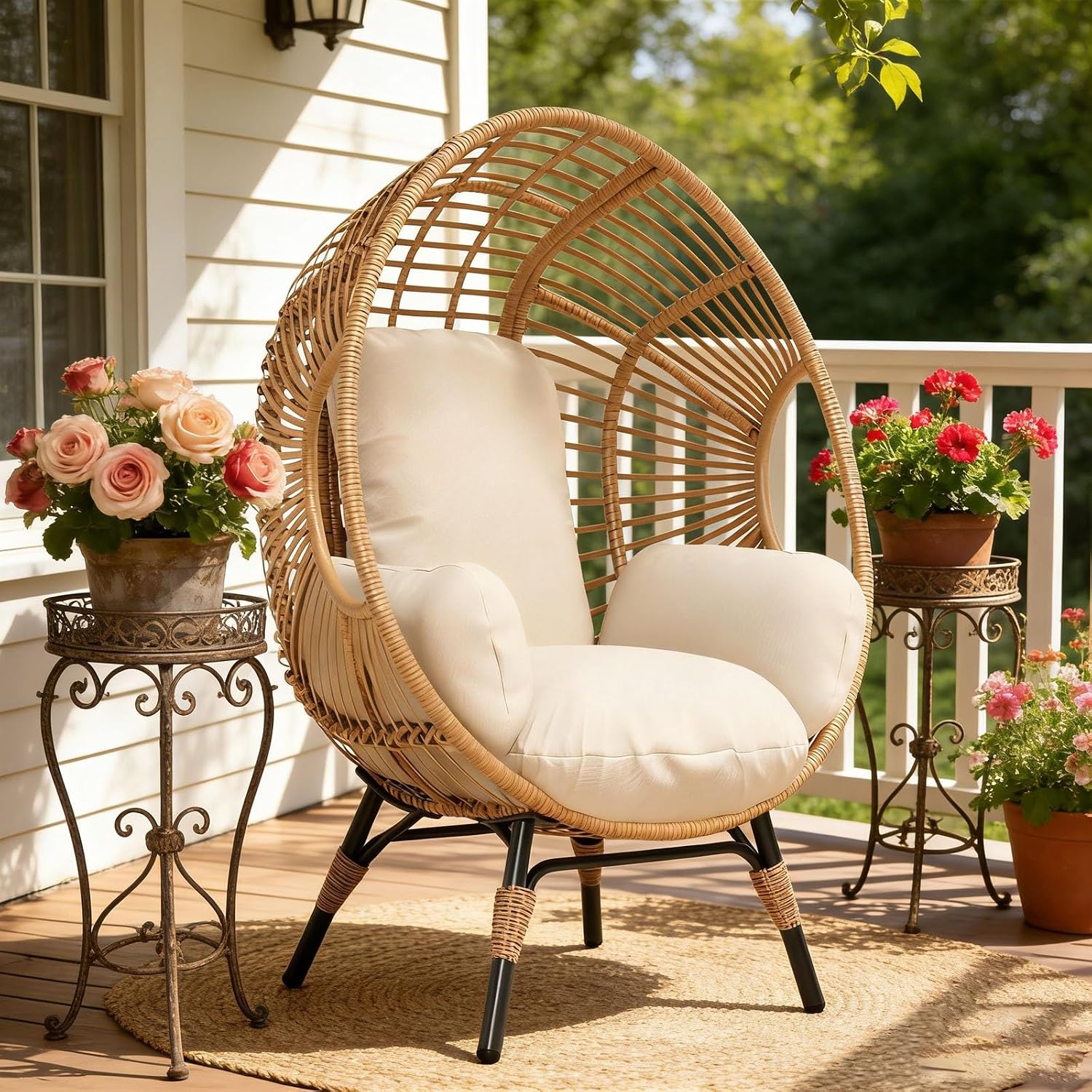 Outdoor Indoor Egg Chair, Wicker PE Rattan with Ergonomic Seat, 8-Inch Cotton Cushion, 400lbs Capacity Balcony Chairs(Natural)