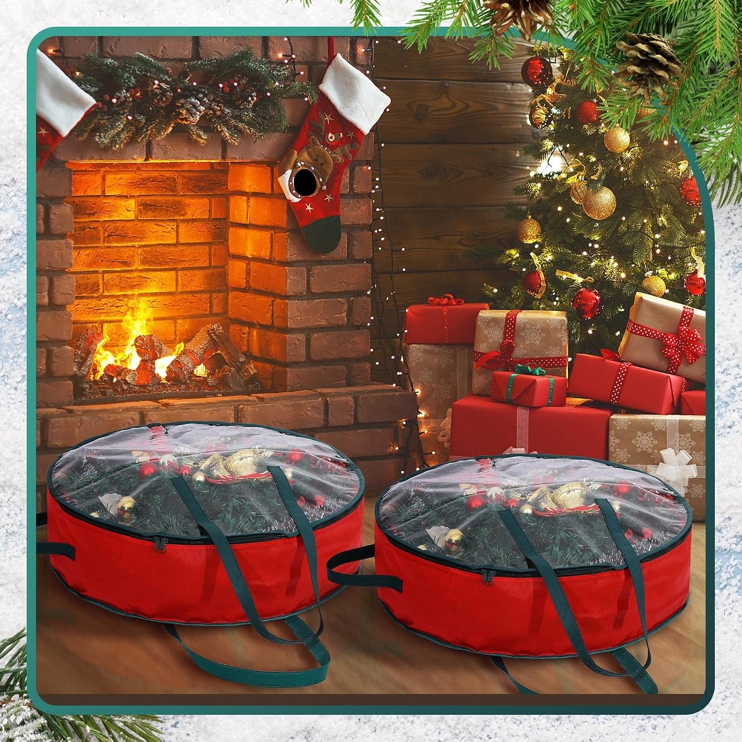 Shappy 4 Pcs Red Wreath Storage Bag Clear Wreath Box Storage Containers with Clear Window and Handle Garland Containers for Holiday Seasonal Bags (24 Inch)