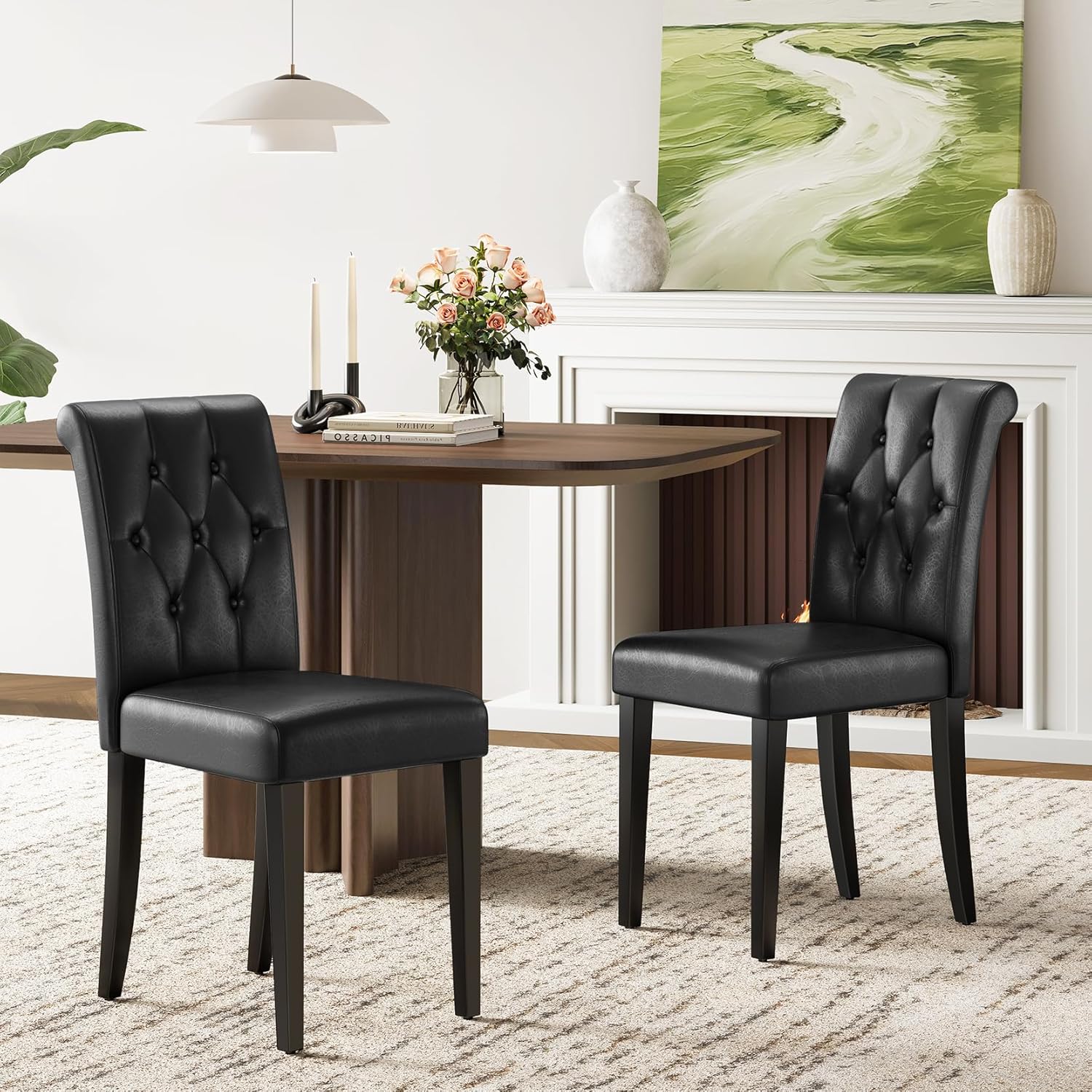 Welzona Upholstered Dining Chairs Set of 4, Button Tufted Parsons Dining Chair with Solid Wood Legs, Modern PU Leather Side Chair for Dining Room/Kitchen/Restaurant/Hotel- Black