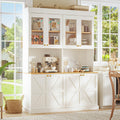 ivaniti 71" Tall Farmhouse Kitchen Pantry, Large Storage Cabinet with Glass Doors, Freestanding Coffee Bar Hutch with Microwave Stand, Adjustable Shelves for Kitchen, Living Room, White, Set of 2