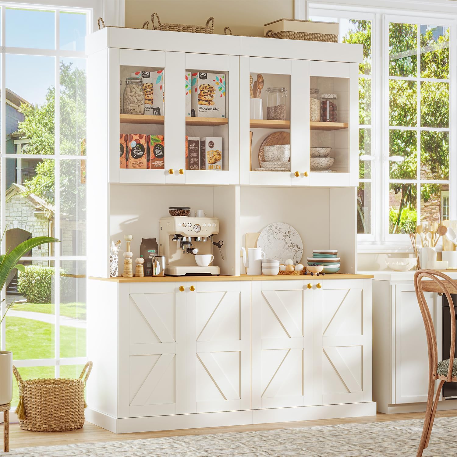 ivaniti 71" Tall Farmhouse Kitchen Pantry, Large Storage Cabinet with Glass Doors, Freestanding Coffee Bar Hutch with Microwave Stand, Adjustable Shelves for Kitchen, Living Room, White, Set of 2