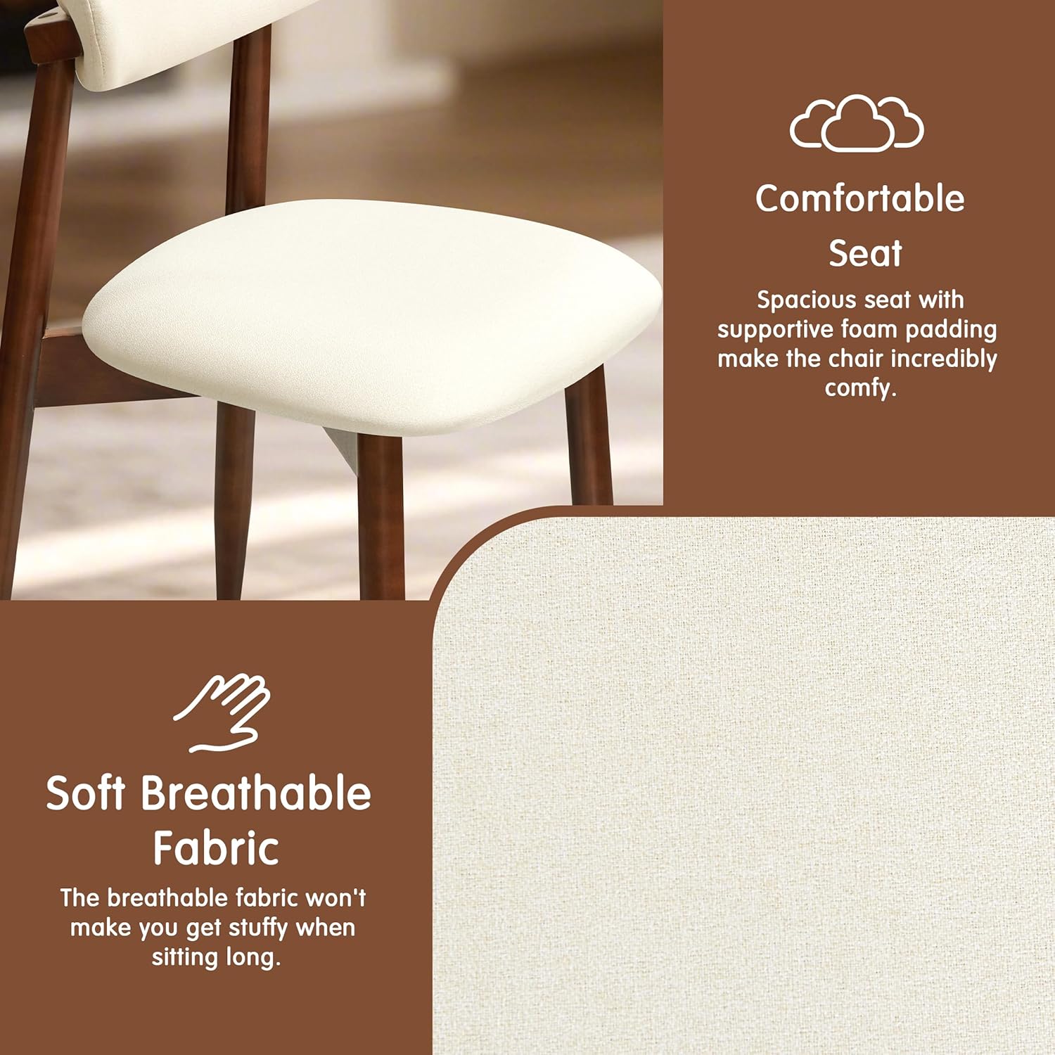 CHUN YI Dining Chairs Set of 4, Upholstered Wooden Dining Room Chairs, Mid Century Modern Fabric Kitchen Chair with Ergonomic Curved Backrest, Beige (Only Chairs)