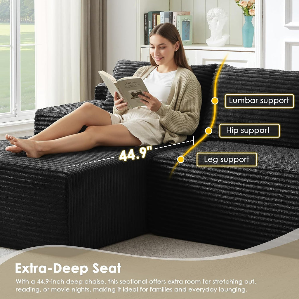 Modular Sectional Sofa Couches, 96" L-Shaped Cloud Boneless Couch with Left Chaise Lounge & Side Pockets for Living Room | No Assembly Required | Corduroy Fabric, Black