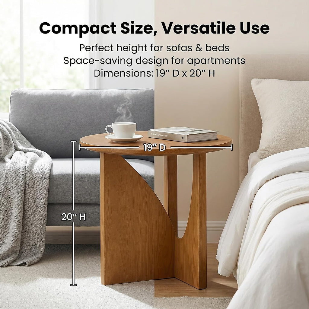 Solid Wood Round Side Table with Battery-Operated Light, Mid-Century Modern End Table, Light Walnut Nightstand for Bedroom & Living Room, 19” x 20”