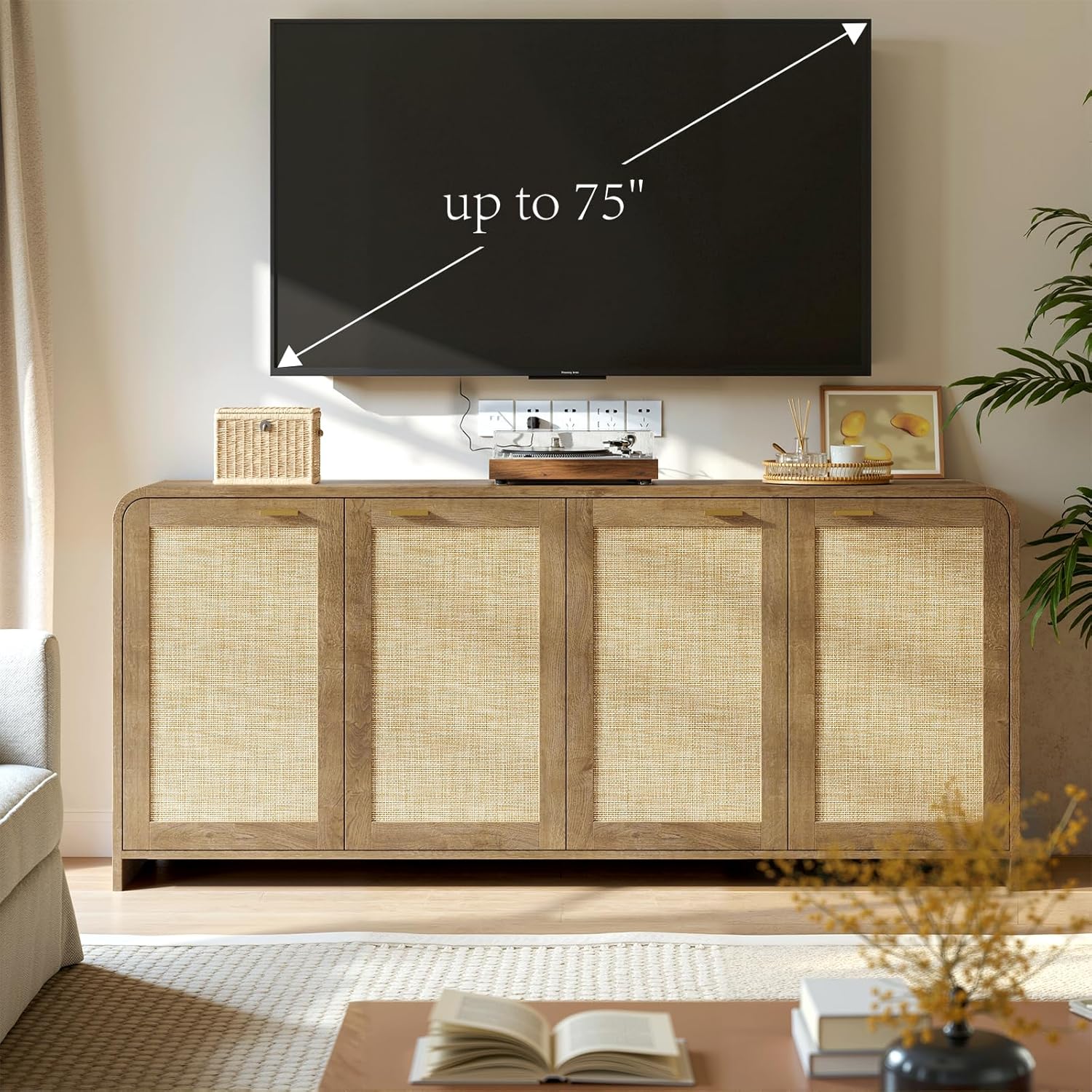 Evermagin 67" Rattan Buffet Cabinet with Storage, Boho Sideboard Cabinet with 4 Doors, Large Credenza Sideboard Buffet for Living Room, Hallway and Kitchen, Caramel Oak