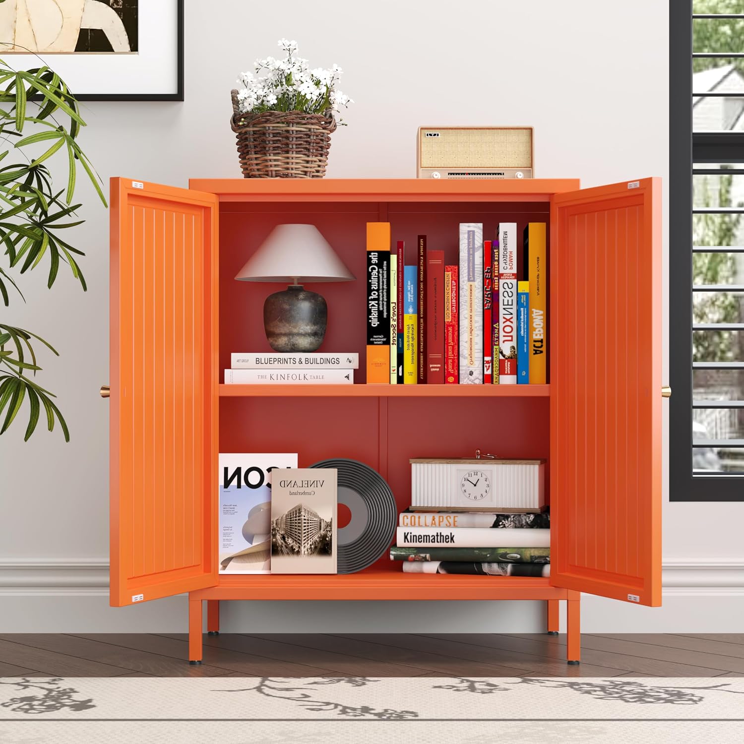 Metal Accent Storage Cabinet for Home,LivingRoom, Office,Kitchen- Metal Locker Cabinet with 1 Adjustable Shelves-Bathroom Floor Storage Cabinet Freestanding Organizer (Stripe Door, Orange)