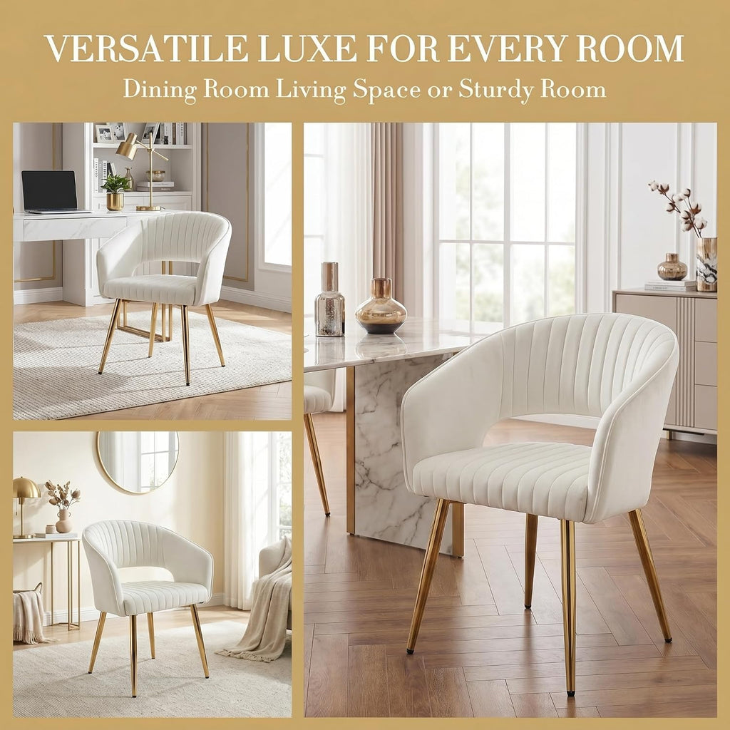 Velvet Dining Chairs Set of 4, Upholstered Dining Room Chairs with Gold Metal Legs, Modern Accent Kitchen Chairs with Curved Backrest for Living Room, Beige