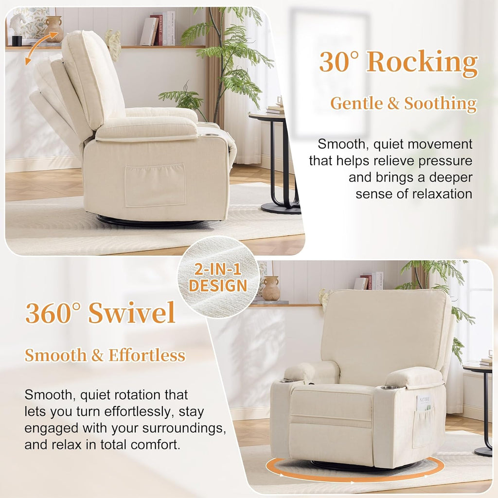 Korser Recliner Chair, Nursery Rocking Chairs for Adults, 360° Swivel Rocker Recliner with Cup Holder, Overstuffed Glider Rocking Chair for Living Room, Manual Recliner with Side Pockets, Chenille