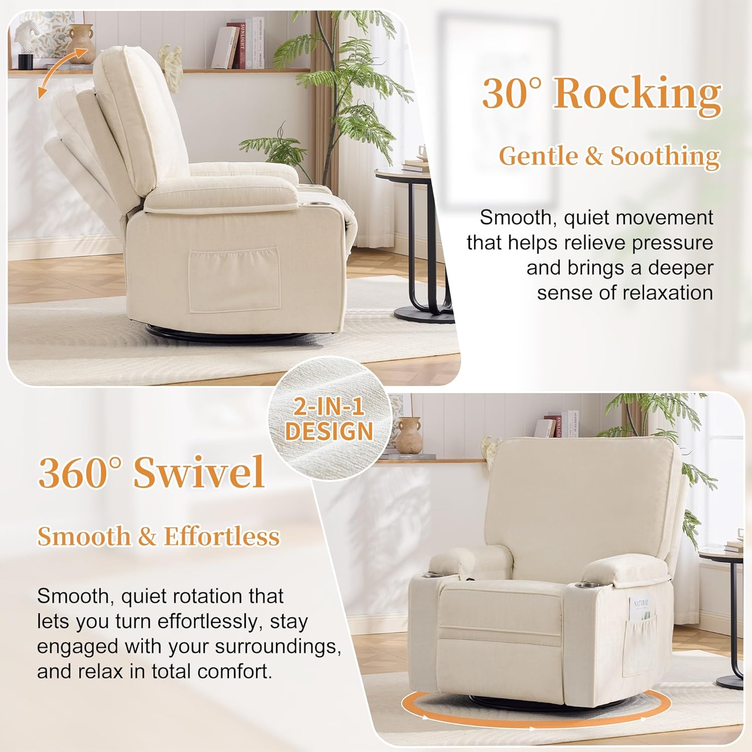 Korser Recliner Chair, Nursery Rocking Chairs for Adults, 360° Swivel Rocker Recliner with Cup Holder, Overstuffed Glider Rocking Chair for Living Room, Manual Recliner with Side Pockets, Chenille