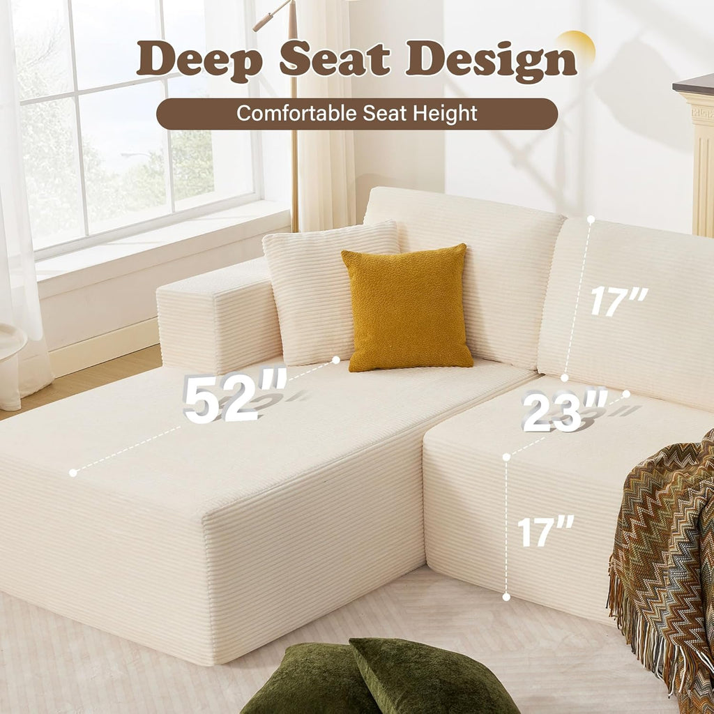 109” Cloud Sectional Couch, Boneless Modular Sofa with L-Shape Chaise, Deep Seat Corduroy Couch, No Assembly Required, Modern Upholstered Sectional for Living Room Apartment Bedroom