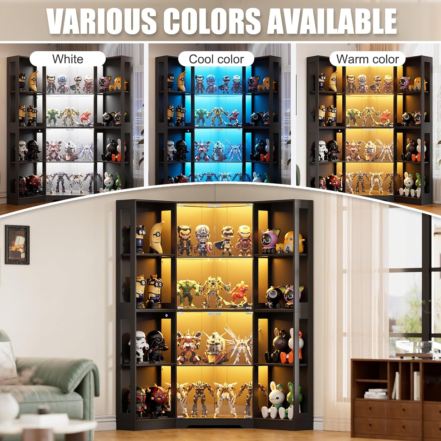 PAKASEPT Corner LED Glass Door Display Curio Cabinet/Display Case | 3 adjustable tiers,3-color LED light,pop-up tempered glass doors,living room collectible storage