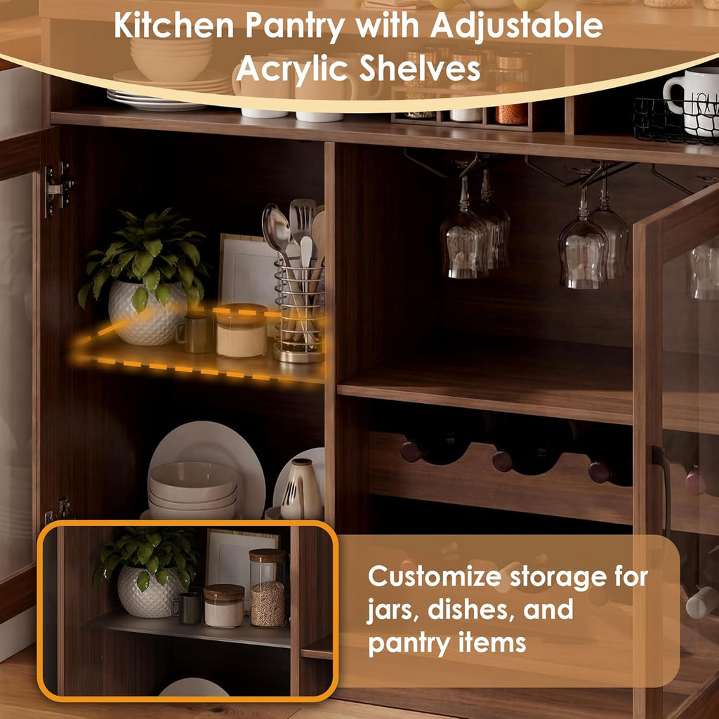 Kitchen Pantry Storage Cabinet with Charging Station, Kitchen Hutch Storage with LED Lights & Pegboard, Freestanding Pantry Cabinet with Adjustable Shelves, Wine Rack for Dining Room (Brown)
