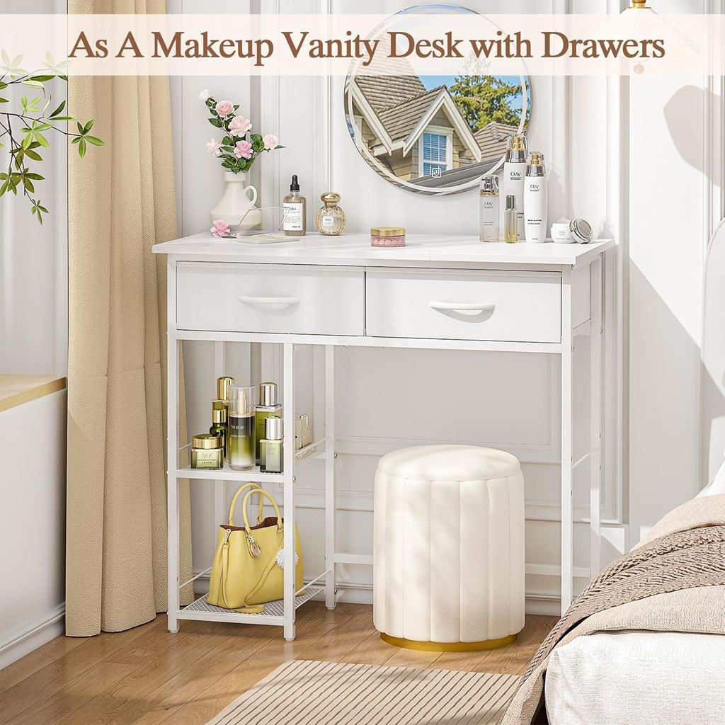 ThreeHio Small Writing Desk with 2 Drawers, White Computer Desk with Storage Shelf, Home Kids Study Table for Small Spaces, Simple Desk for Bedroom, Home Office, Living Room, Dorm, Vanity Desk, White