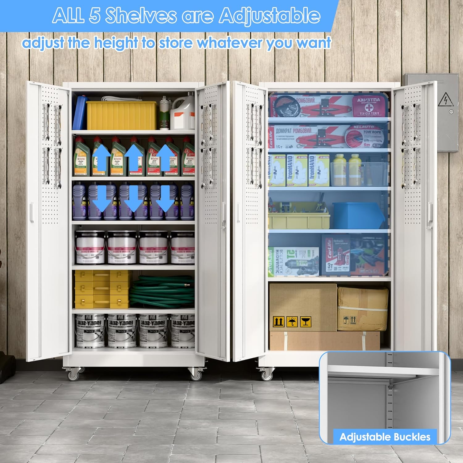 Aobabo Upgrade 71H''*32''W*16''D Metal Garage Storage Cabinet with Wheels and Pegboards, 5 Adjustable Shelves Steel Storage Cabinets for Home,Warehouse,Garage,Assembly Required,White