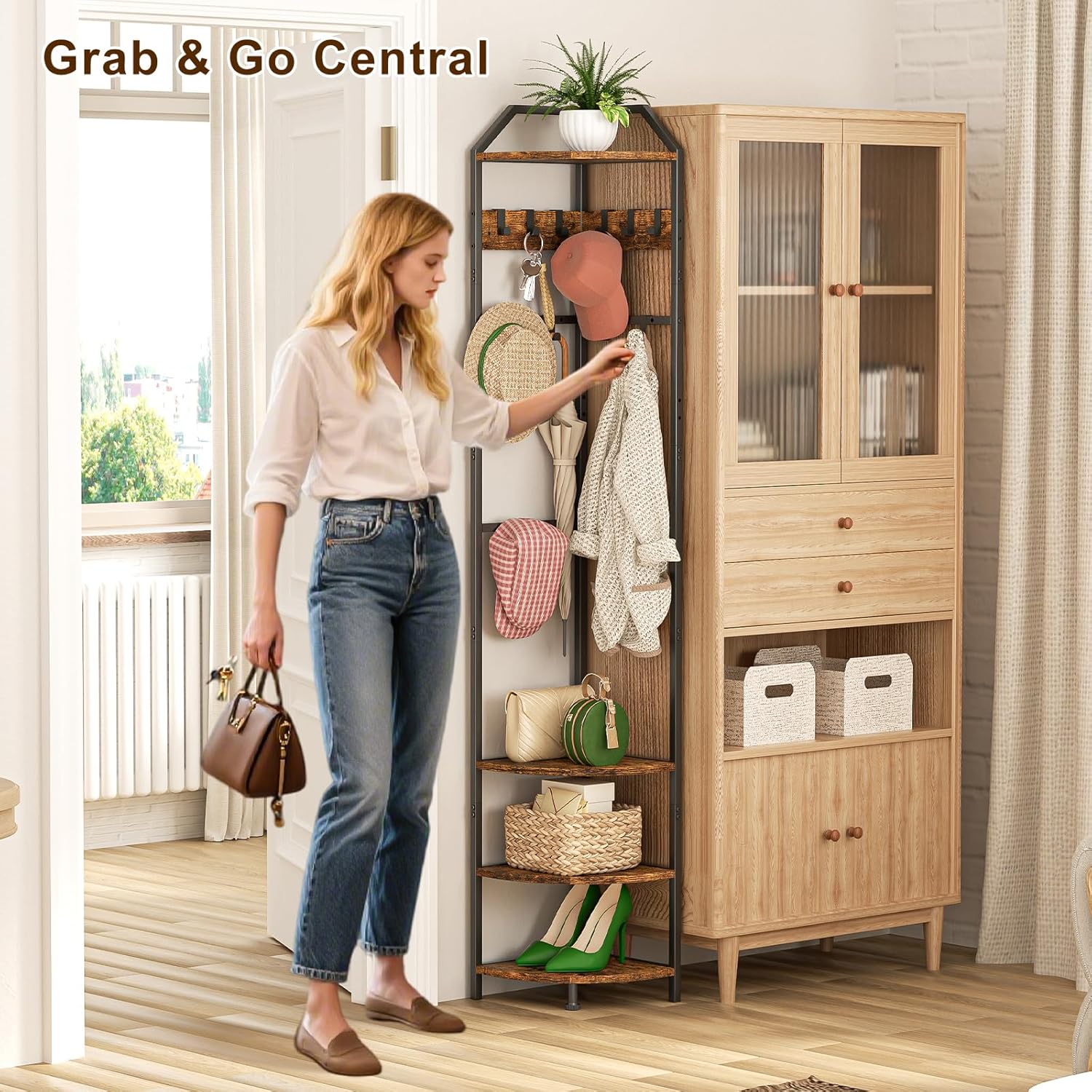X-cosrack Corner Hall Coat Tree Freestanding with 10 Movable Hook, Shelf-Adjustable Coat Rack Stand for Purse, Hat, Bag and Shoe, Narrow for Small Space Living Room Bedroom Office Entryway Storage