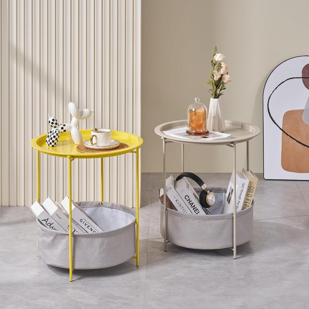 VECELO Round Side/End Table with Fabric Storage Basket，Metal Anti-Rust and Waterproof Small Bedside Nightstand with Removable Tray Top for Living Room，Balcony & Laundry，Grey /1pcs with Basket