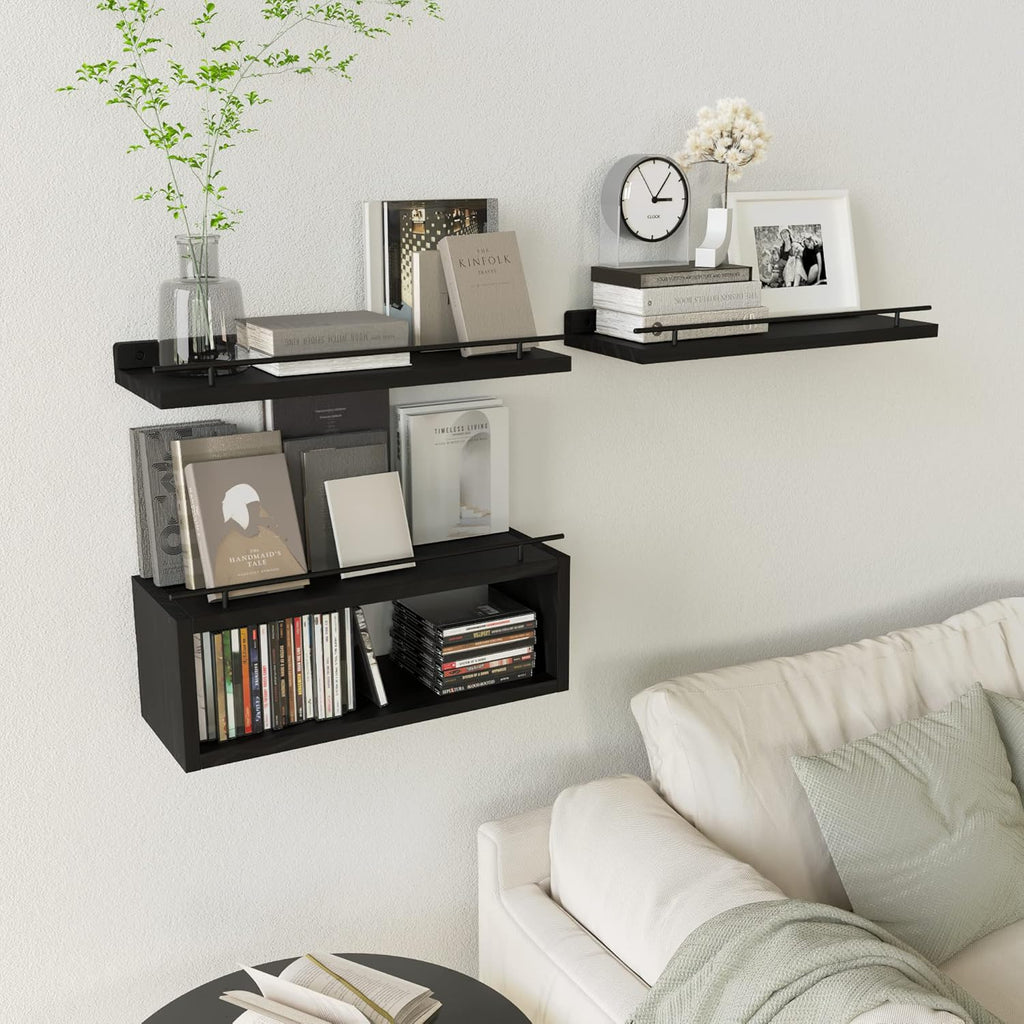 WOPITUES Floating Shelves for Wall with Cube Shelf, Wall Shelves with Metal Rail for Bathroom Decor, Bathroom Organizers and Storage, Over Toilet Shelves for Toilet Paper-Black