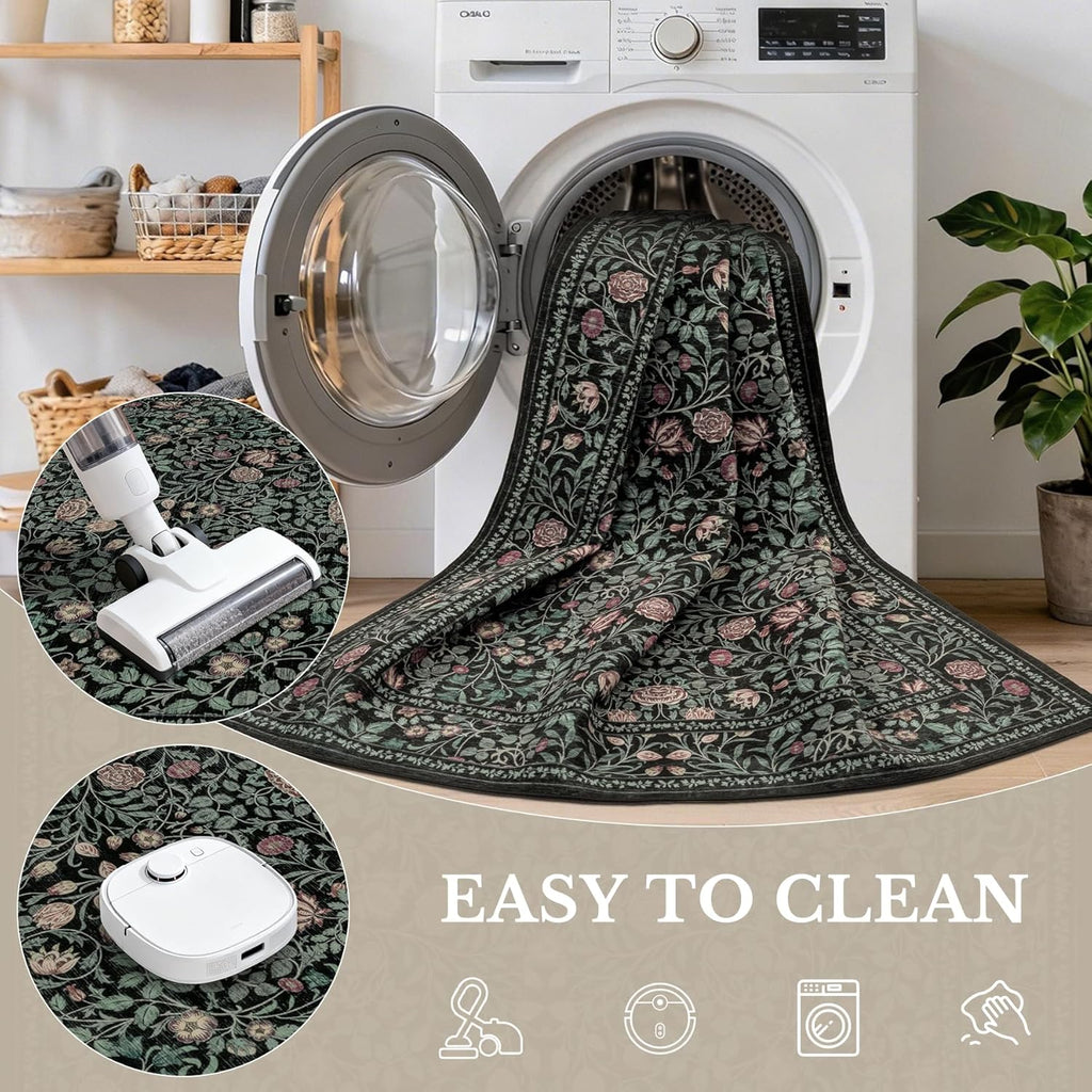 5x7 Area Rugs Living Room Rug: Floral Washable Rug Vintage Boho Soft No Slip Stain Resistant Carpet Indoor Floor Throw Carpets for Bedroom Hallway Nursery Dining Room Playroom Dark Green Black