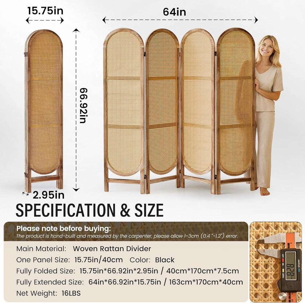 Arched Rattan Room Divider 5.6 Ft Folding Privacy Screen, 4 Panel Freestanding Room Partition with Double Hinges, Lightweight Paulownia Wood Divider for Bedroom, Restaurant, Office, Natural