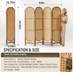 Arched Rattan Room Divider 5.6 Ft Folding Privacy Screen, 4 Panel Freestanding Room Partition with Double Hinges, Lightweight Paulownia Wood Divider for Bedroom, Restaurant, Office, Natural