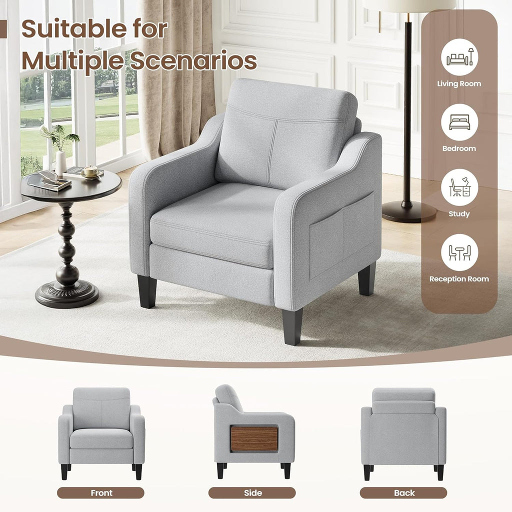 Accent Chair for Living Room Modern Linen Upholstered Armchair Side Wooden Fabric Sofa Chair with Foldable Table 2 Side Pockets Comfy Reading Chair for Bedroom