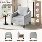 Accent Chair for Living Room Modern Linen Upholstered Armchair Side Wooden Fabric Sofa Chair with Foldable Table 2 Side Pockets Comfy Reading Chair for Bedroom
