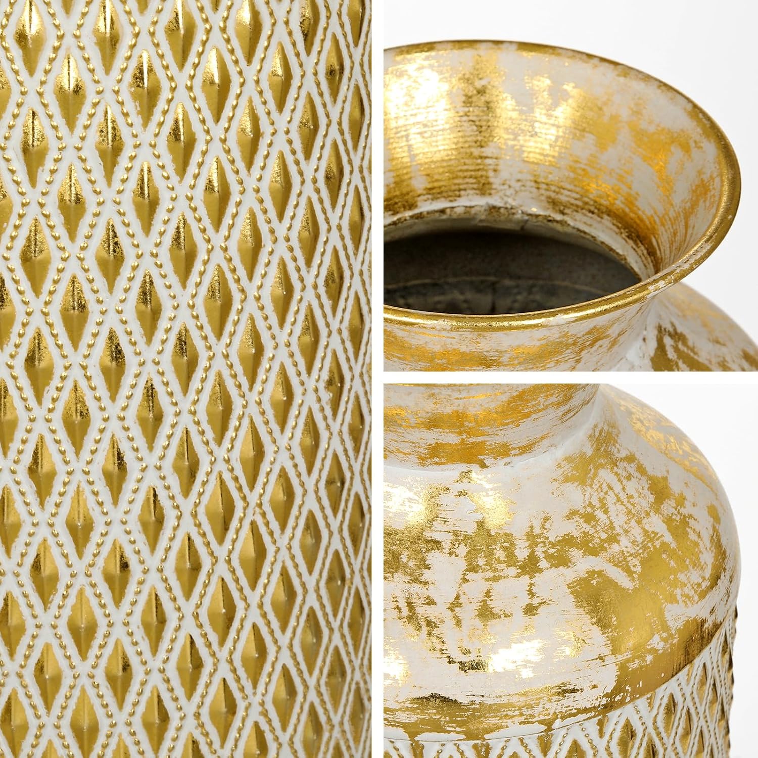 Flower Vase Rustic Metal Vases, 16" Gold Vintage Pattern Vase for Farmhouse Home Décor Artificial Flowers and Centerpieces