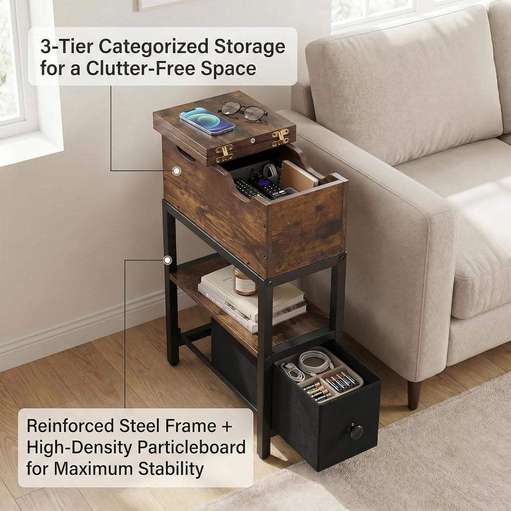 Flip Top Narrow End Table with Hidden Storage, Small Side Table with Fabric Drawer, Bedside Tables with Shelf,Metal Frame Chairside Table for Sofa, Living Room, Small Spaces,Rustic Brown