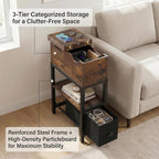 Flip Top Narrow End Table with Hidden Storage, Small Side Table with Fabric Drawer, Bedside Tables with Shelf,Metal Frame Chairside Table for Sofa, Living Room, Small Spaces,Rustic Brown