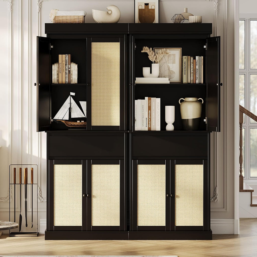 IDEALHOUSE Pantry Cabinet,70" Tall Kitchen Pantry Cabinet with 4 Doors and 3 Adjustable Shelves, Freestanding Cupboard, Modern Storage Cabinet for Bathroom, Dining Room, Living Room， Black Rattan