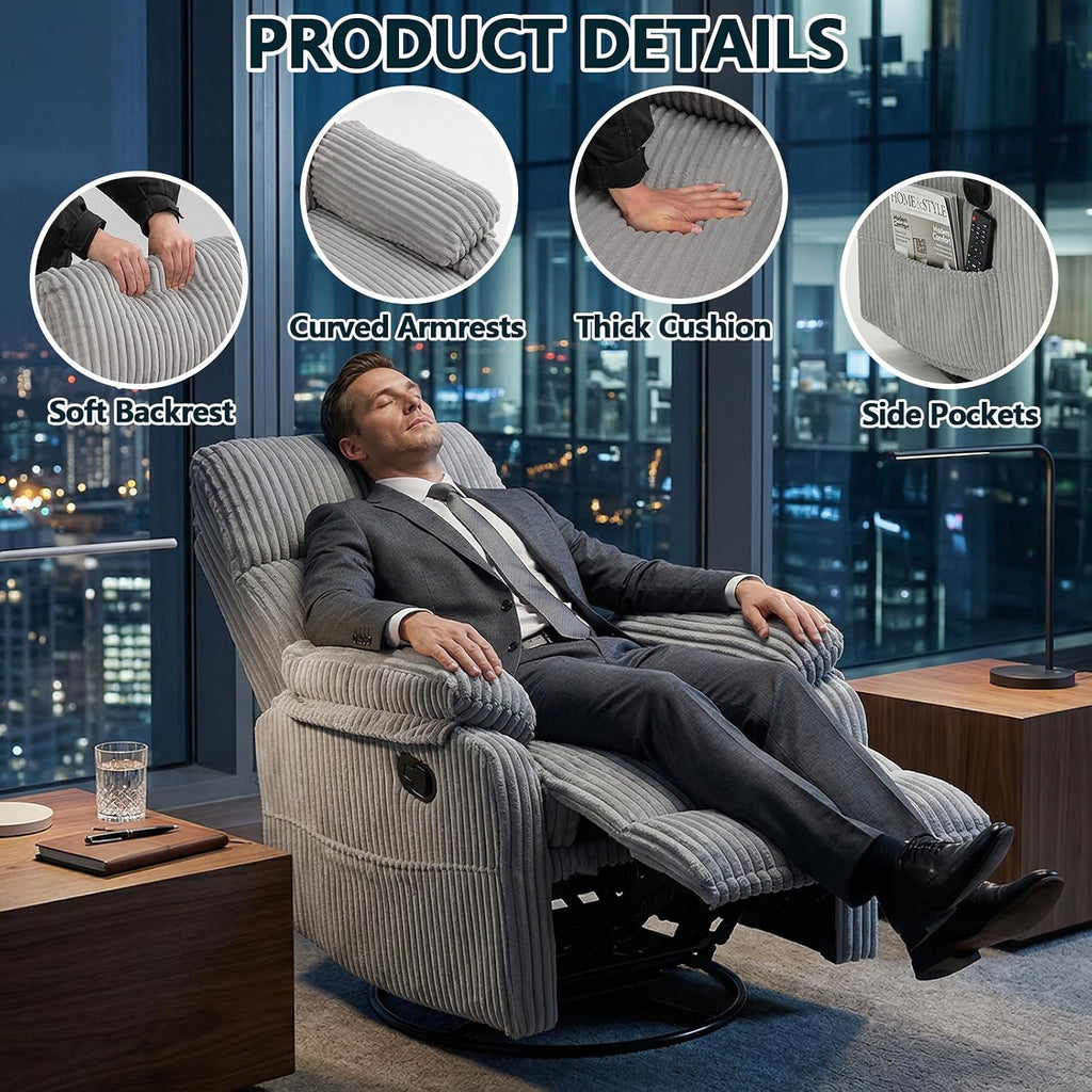 Manual Small Recliner Rocking Chair for Nursery/Relaxation, Corduroy Swivel Glider Recliner for Living Room Bedroom, Grey Rocking Chair Nursery Recliners for Small Spaces, Side Pockets (Grey)