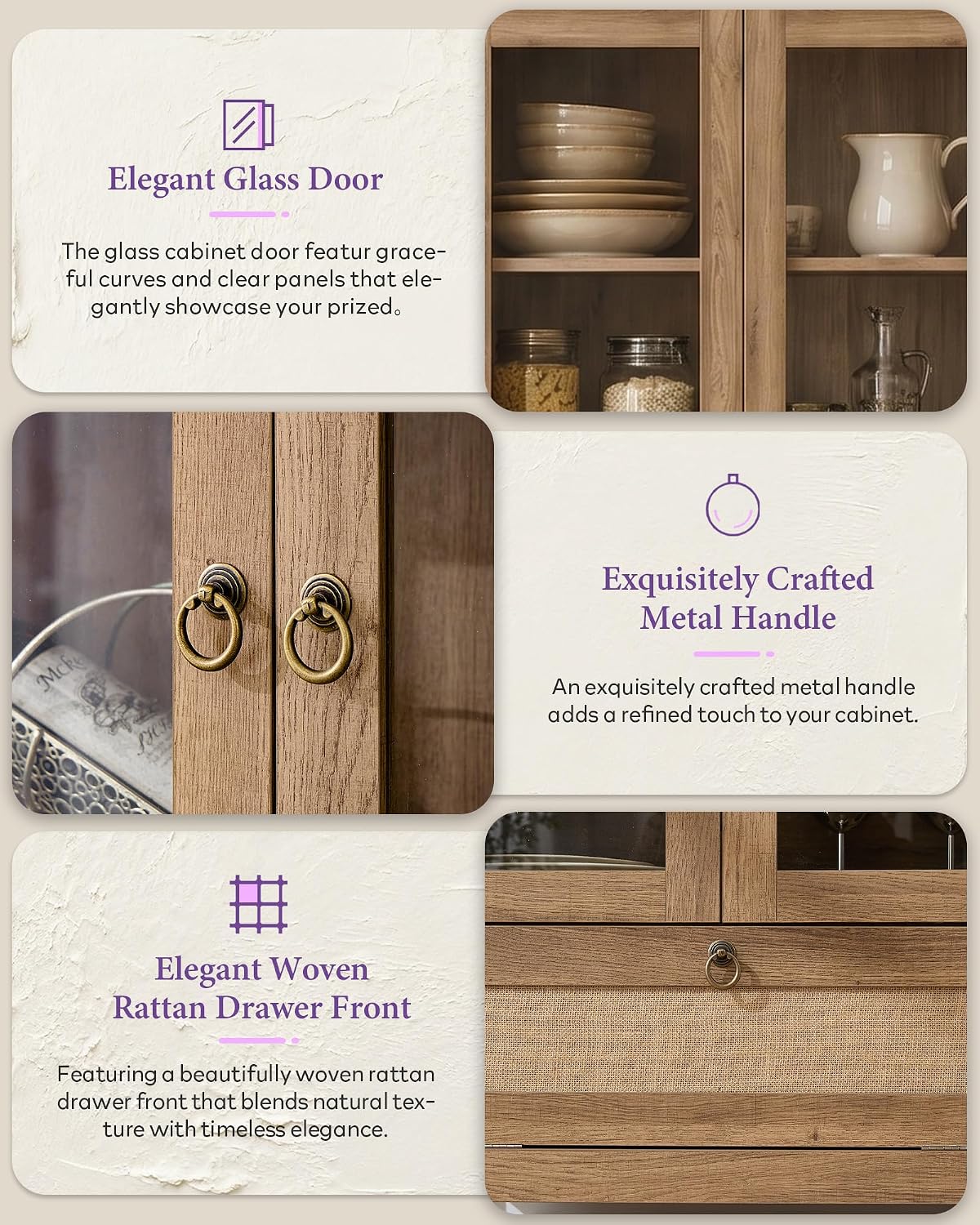 TYBOATLE 71" Tall Arched Pantry Cabinet with Innovative Drawer, Kitchen Cabinet with Anti-Tipping Device and Glass Door, Versatile Cupboard for Kitchen, Dining, Natrual