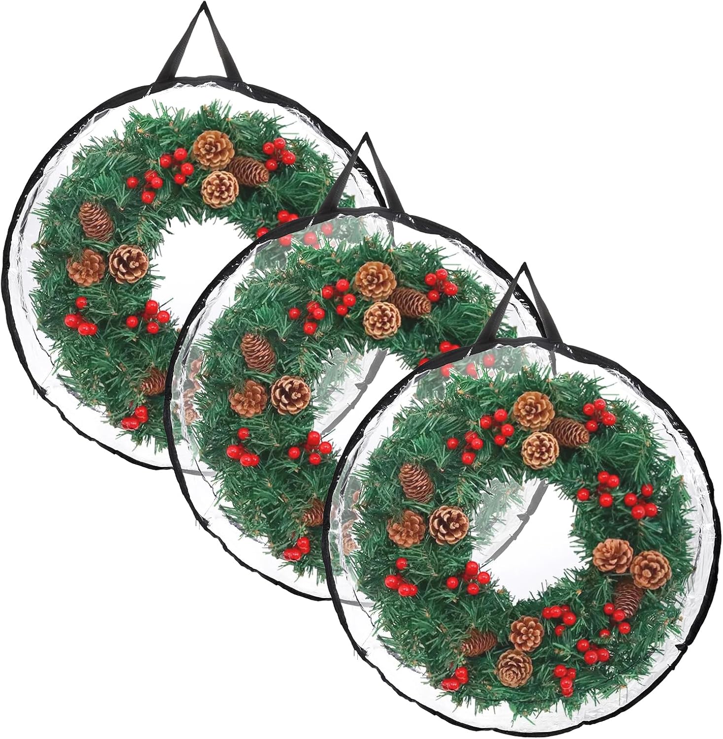 Kokone Wreath Storage Organizer for Door 3 Pack Clear Christamas Wreath Storage Bag or Container with Handle 36'' Dual Zippered Wreath Bag for Festival PVC Plastic Wreath Protector for Decoration