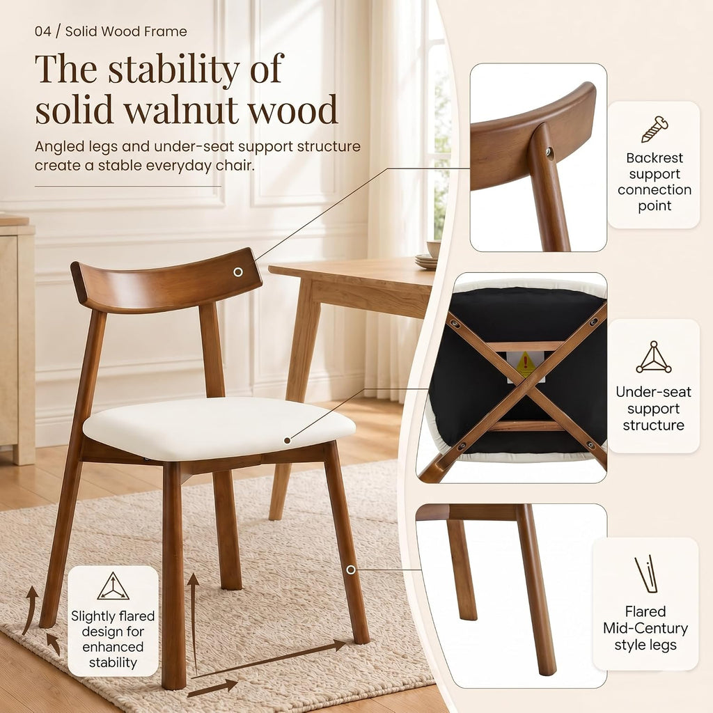 Dining Chairs Set of 2, Walnut Solid Wood Kitchen Chairs with White PU Leather Padded Seat, Curved Backrest, Mid Century Modern Armless Side Chairs for Dining Room, Kitchen, Living Room, Cafe