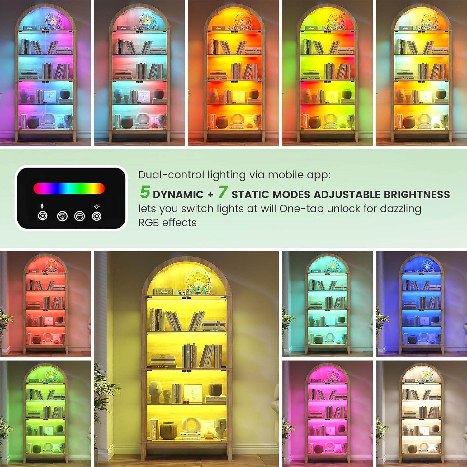 HNEBC Arched Display Case with RGB Lights, 69" Tall 5-Tier Tempered Glass Display Cabinet with Doors, LED Curio Cabinet with Shelf, Bookcase with Music-Synced Lighting for Living Room(Natural)