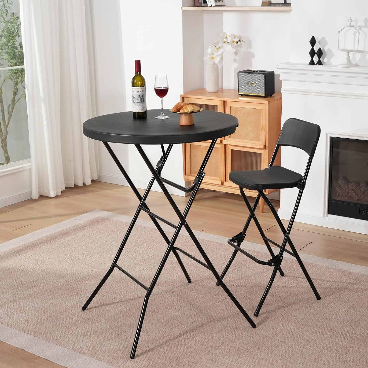 32" Round Folding Table, Portable Bar Height Folding Table with Detachable Legs, Round Foldable Table with HDPE Top for Standing Parties, Balcony, Event, Indoor Outdoor Use (Black, 2 Pack)