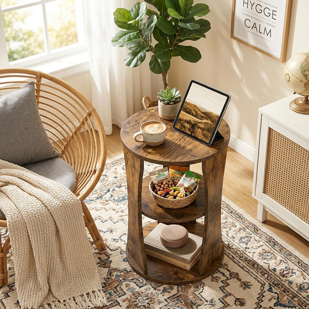 YATINEY Round Side Table, 3-Tier Wooden End Table with Storage Shelves, Accent Table for Small Spaces, Nightstand for Living Room, Bedroom, Rustic Brown ET15BR