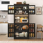 72" Tall Farmhouse Kitchen Pantry Cabinet with LED Light and Power Outlet,Modern Farmhouse Kitchen Storage Cabinet w Load-Bearing Steel Pipe,Barn Doors, Organizer,Food Pantry Cabinets(Black)
