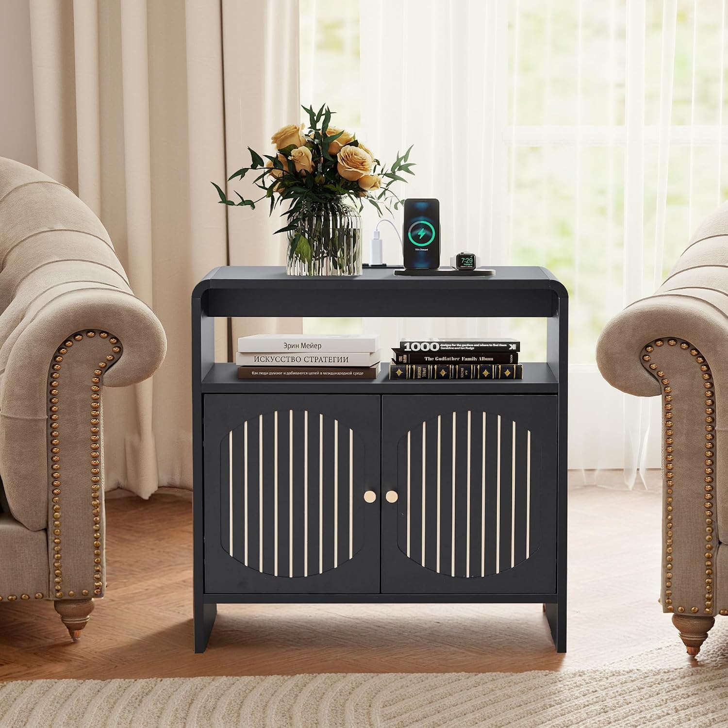 24" Farmhouse Side Table with Charging Station, Mid Century Modern End Table with Storage & Arched Doors, Wooden Nightstand with USB/Type-C Ports, Curved Side Table for Living Room Bedroom(Black)