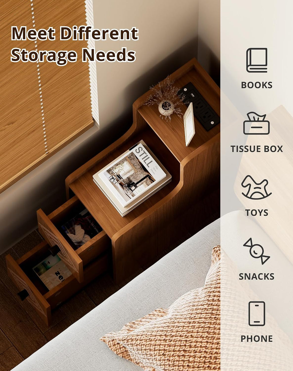 Narrow End Table Set of 2 with Charging Station, Walnut Skinny Bedside Tables with Storage Drawers, Small Side Tables for Small Spaces, Bedroom