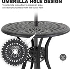 NUU GARDEN 30 Inch Patio Dining Table, Cast Aluminum Round Outdoor Table with Umbrella Hole for Patio, Backyard, Deck-Black