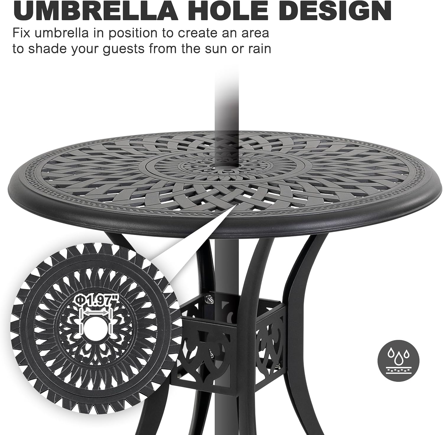 NUU GARDEN 30 Inch Patio Dining Table, Cast Aluminum Round Outdoor Table with Umbrella Hole for Patio, Backyard, Deck-Black