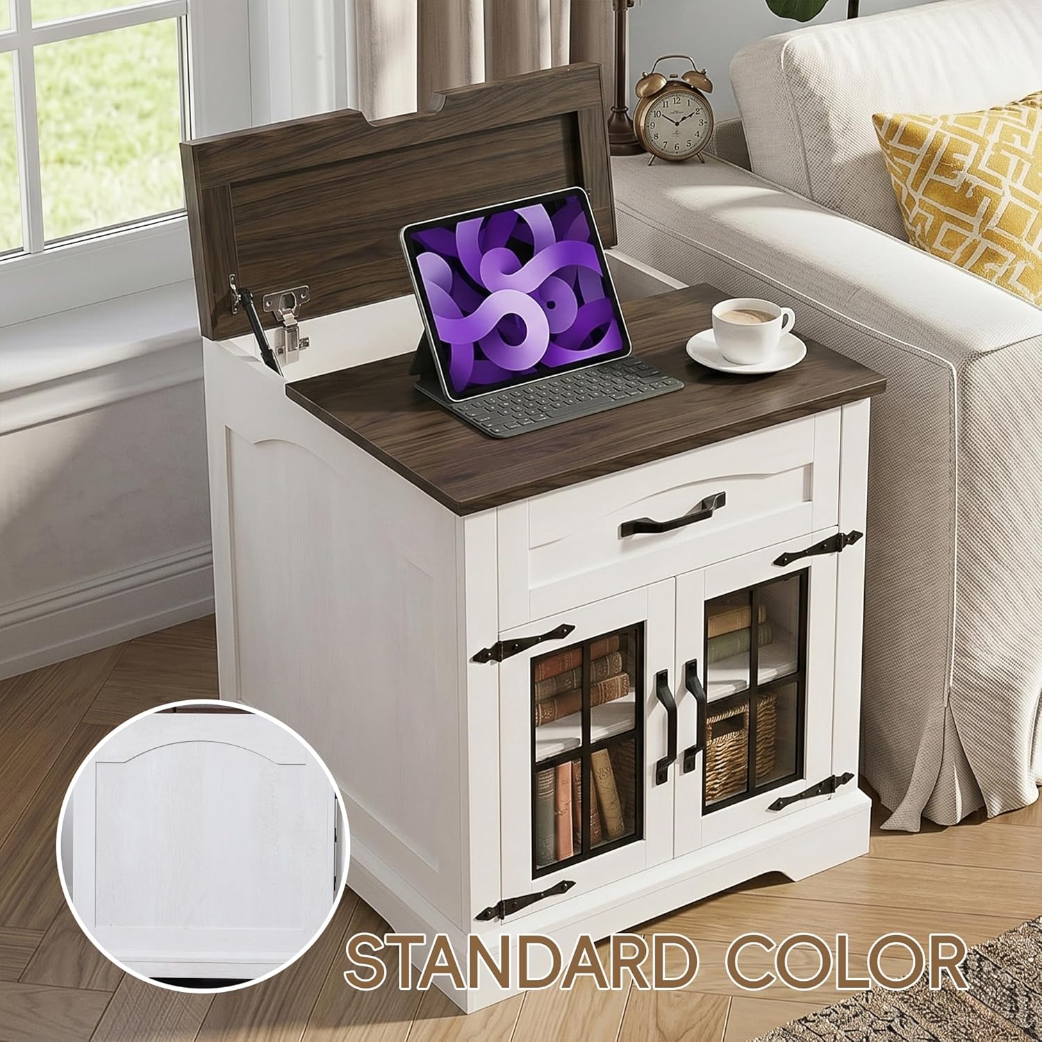 Farmhouse End Table Set of 2 with Charging Station,24'' Side Table with Drawer and Door for Living Room,Rustic Wooden Square Nightstand for Bedroom,Bedside Table with Storage for Home, Off White