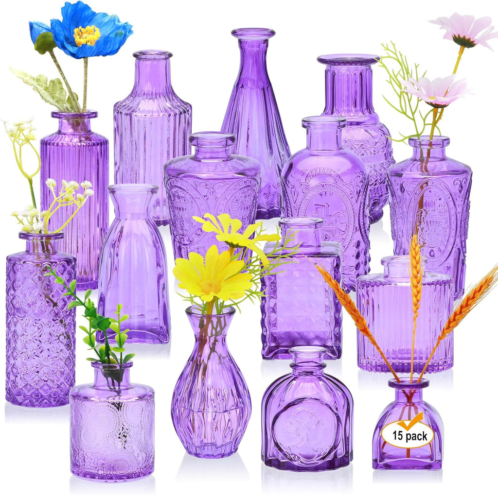 Glass Bud Vase Set of 15,Small Glass Vases for Flowers,Vintage Bulk Purple Mini Glass Vases for Centerpieces,Rustic Wedding,Decoration,Floral Arrangement